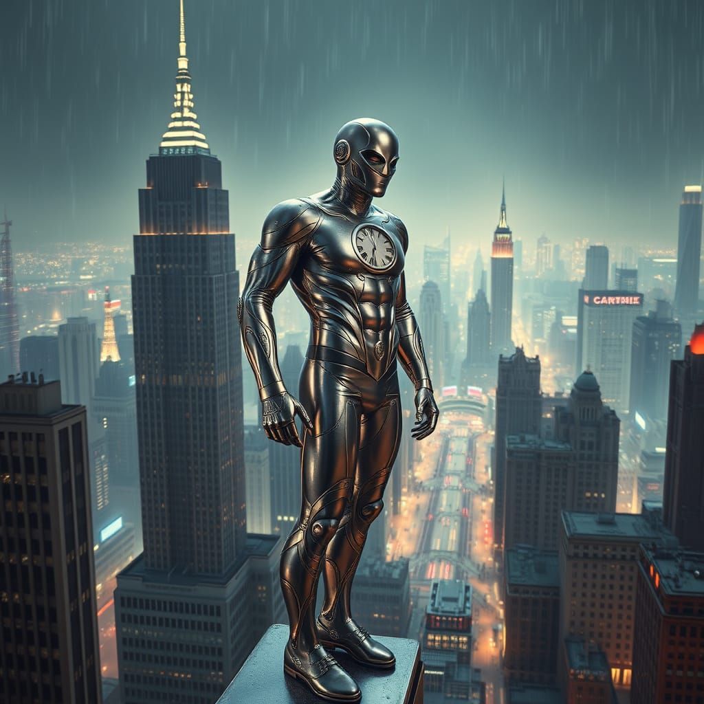 Retro-Futuristic Superhero Over Metropolis in Cinematic Glow