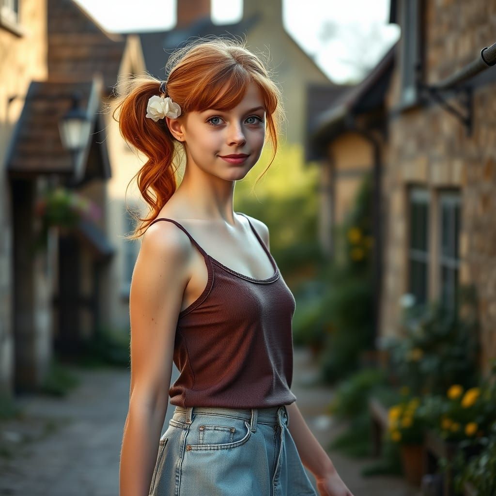 Red-Haired Woman in English Village, Soft Light