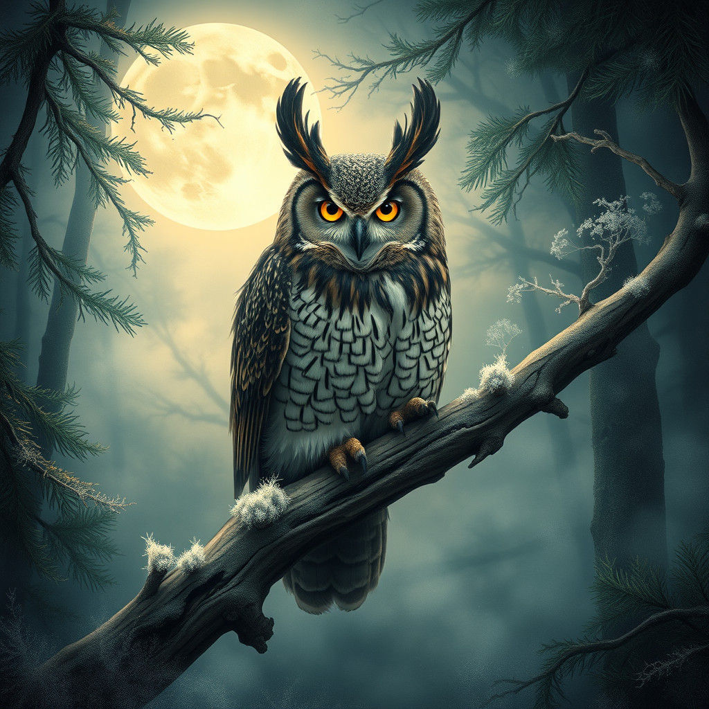 Great Horned Owl in Mystical, Dreamlike Illustration Style