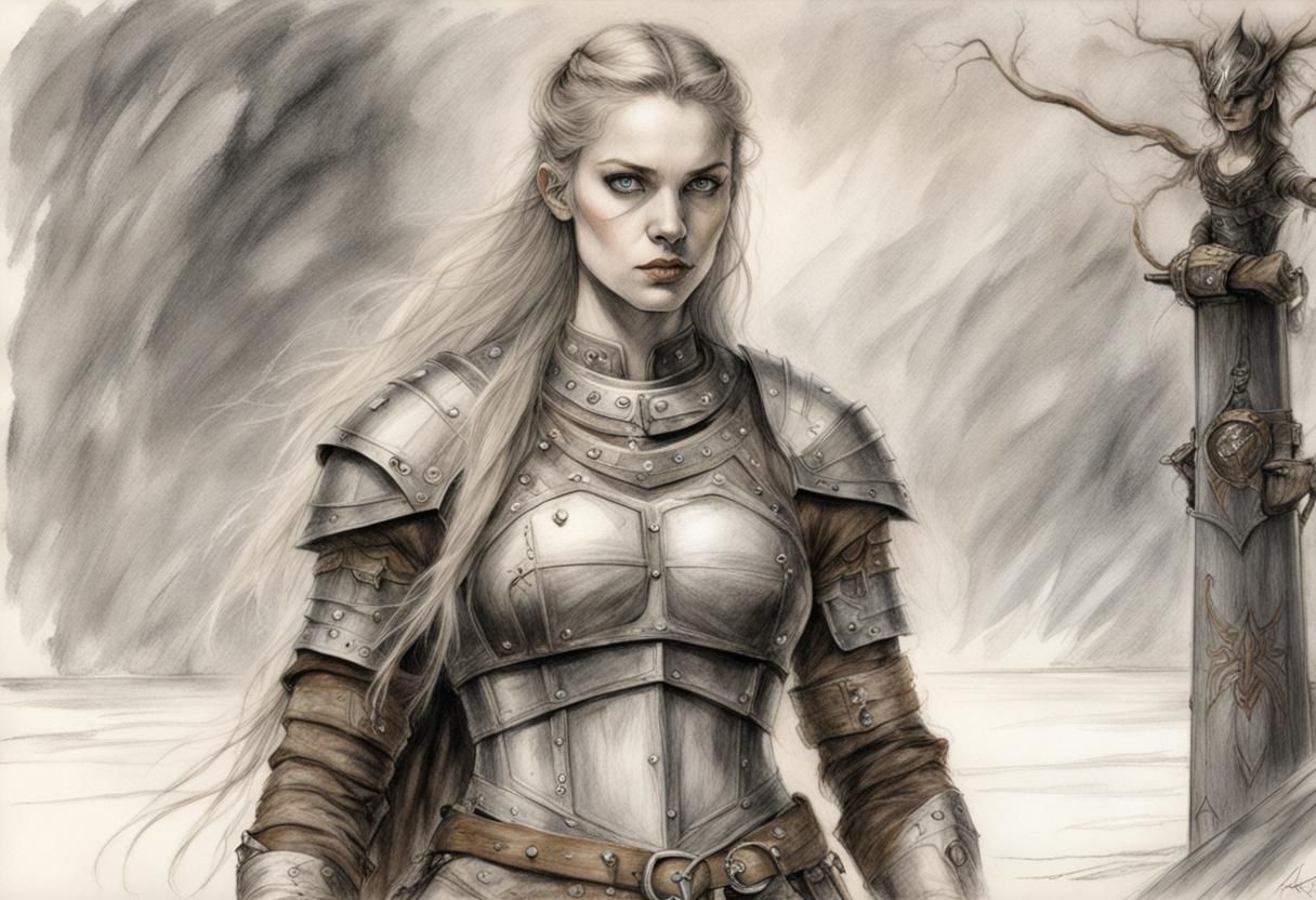 Luis Royo, pencil sketch of {a viking warrior woman dressed ...