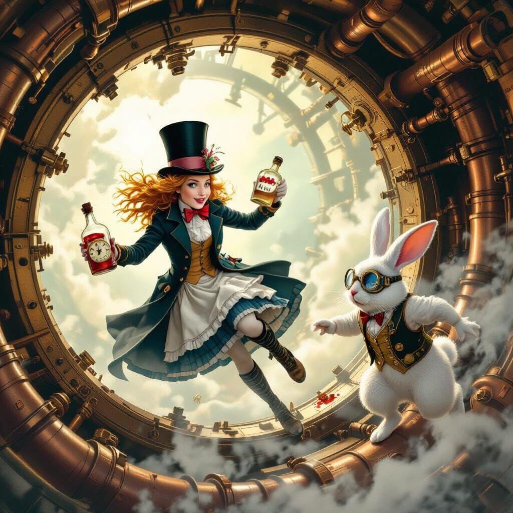 Steampunk Alice Falling Down Rabbit Hole
