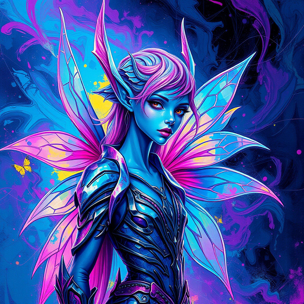 Blue and Pink Fairy Elf in Heavy Metal Style