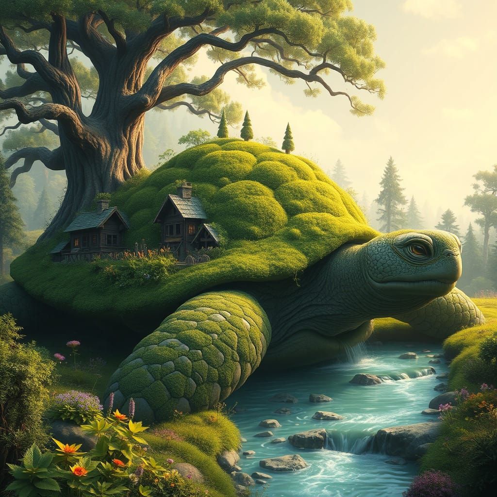 Majestic Giant Turtle Village in a Serene Whimsical World