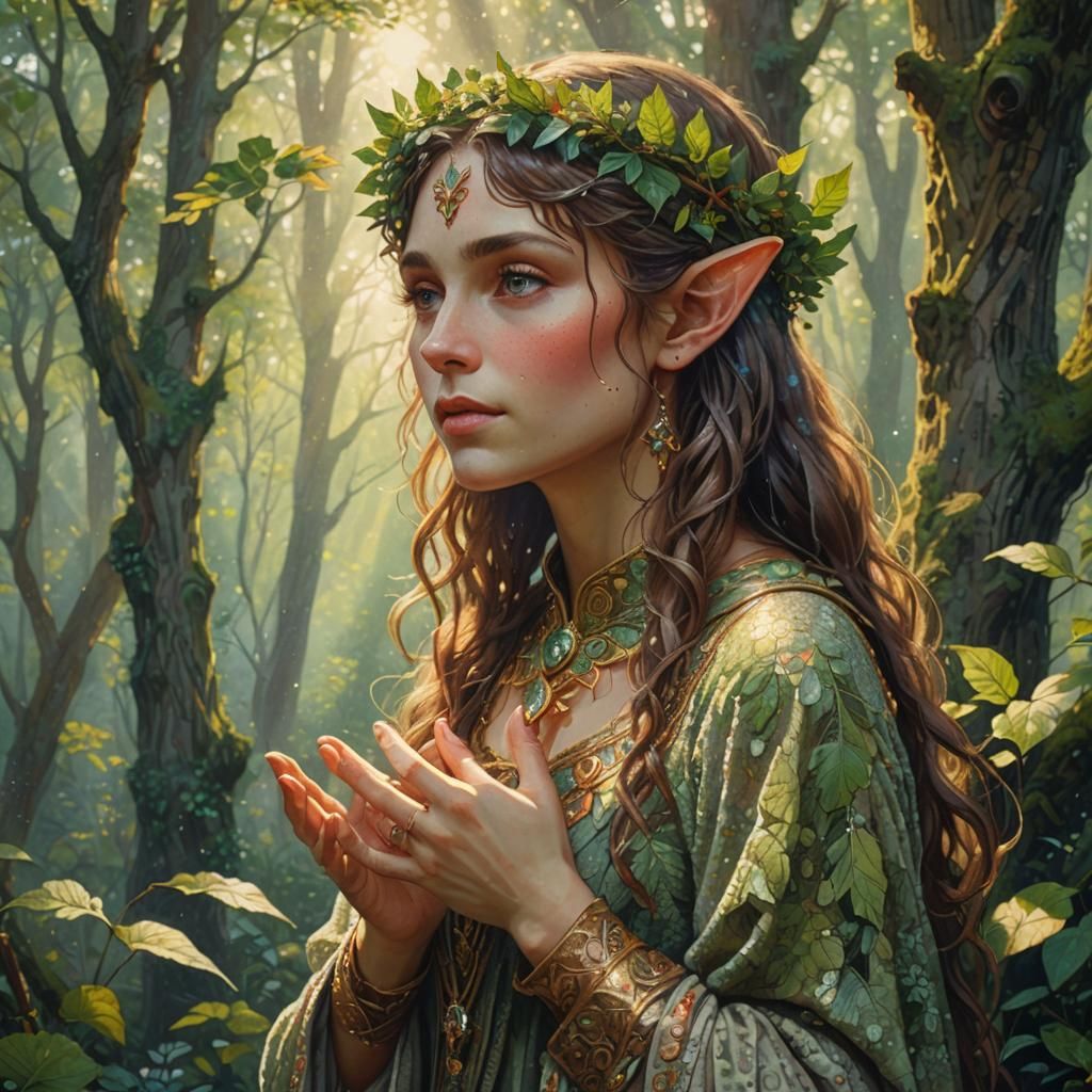 Pointillist Elf Portrait in Ancient Forest