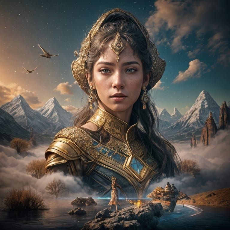 Amazonian Warrior Woman Double Exposure in Snow Valley