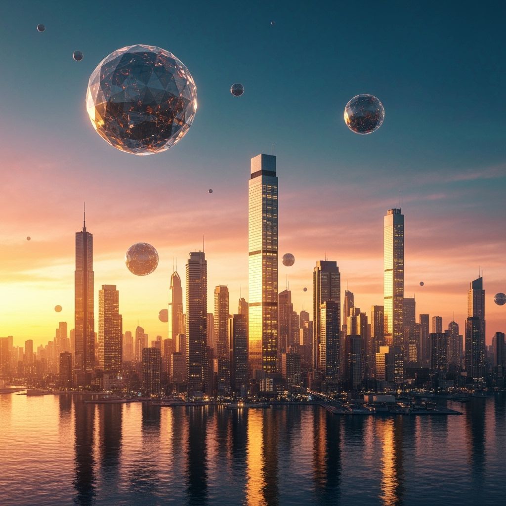 Golden Futuristic City at Sunset in Cinematic Style