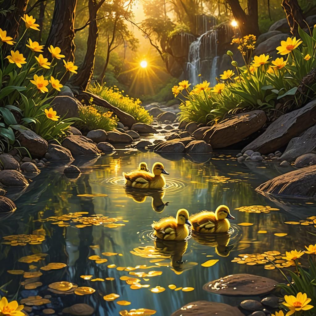 Enchanted Ducklings in Golden Sunset Light