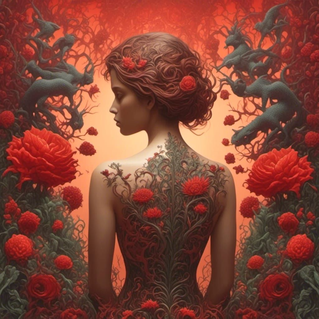 Detailed Flower Back Tattoo Graphic Novel Style