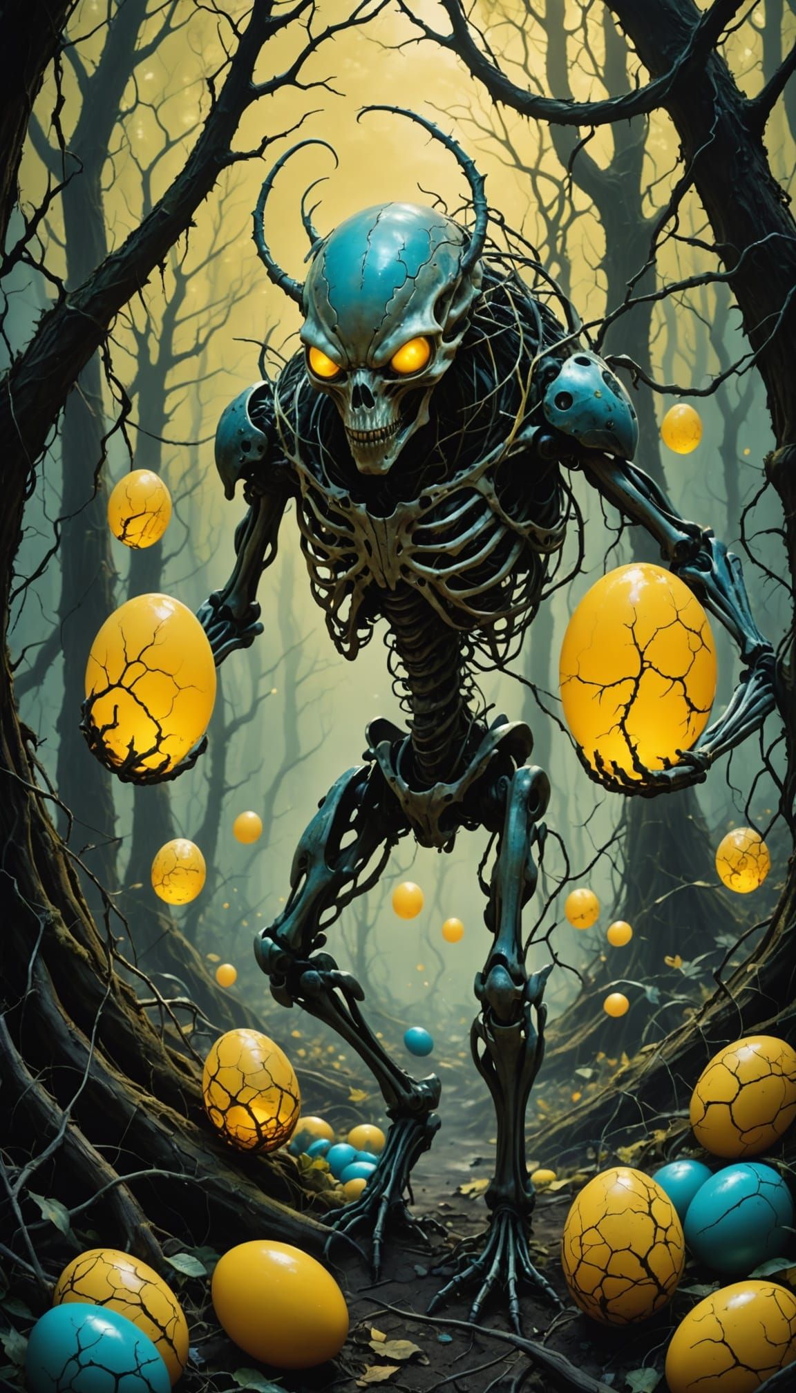 Skeletal Alien Stalks Eerie Forest of Giant Eggs