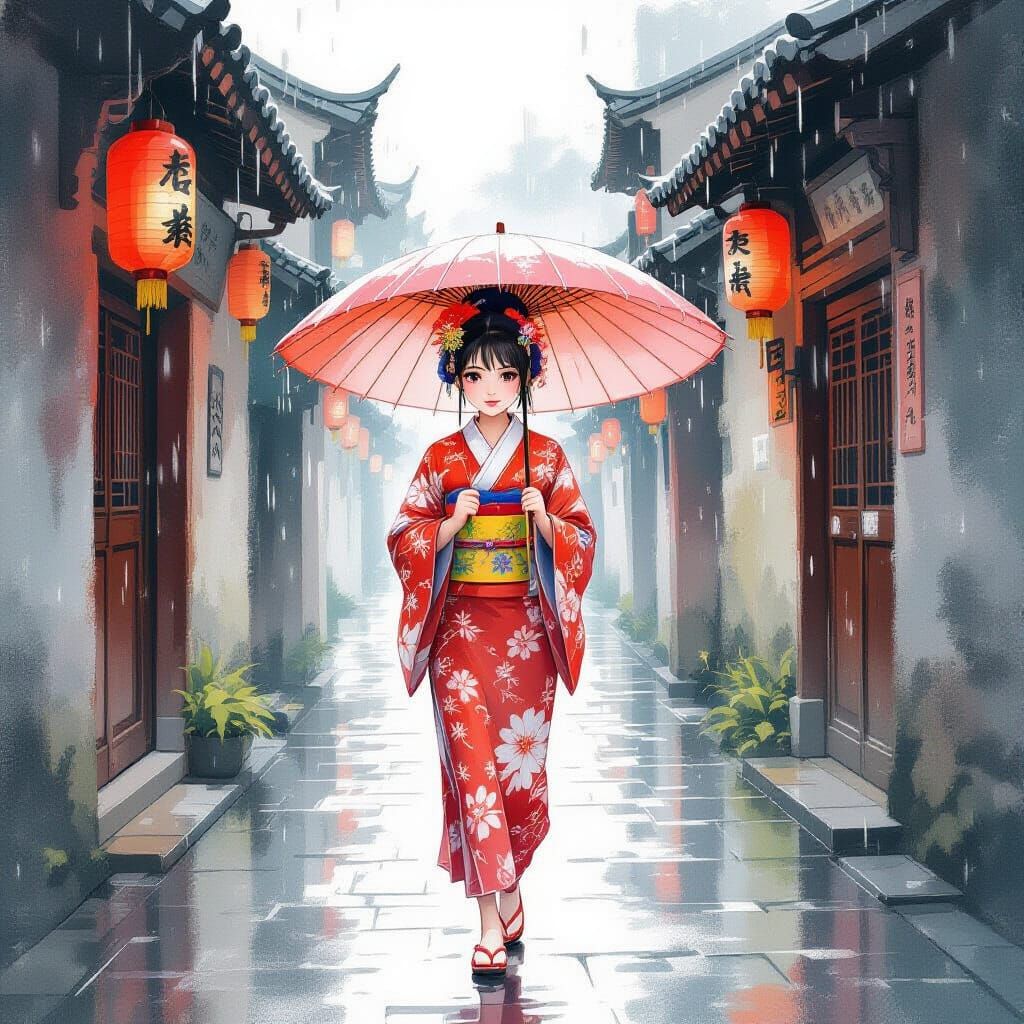 Girl in Rain Tilla Attire, Watercolor Style