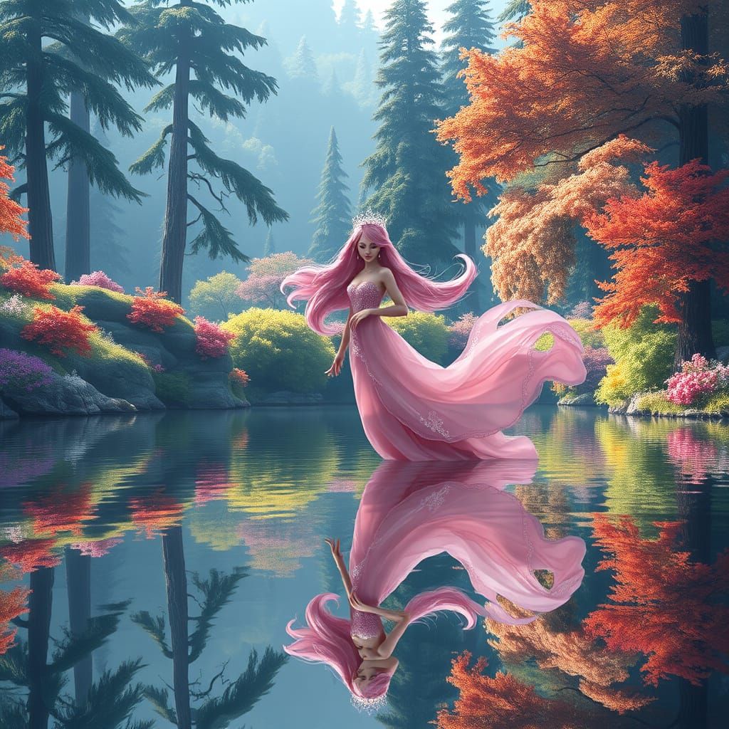 Enchanted Pink Princess on a Serene Lake