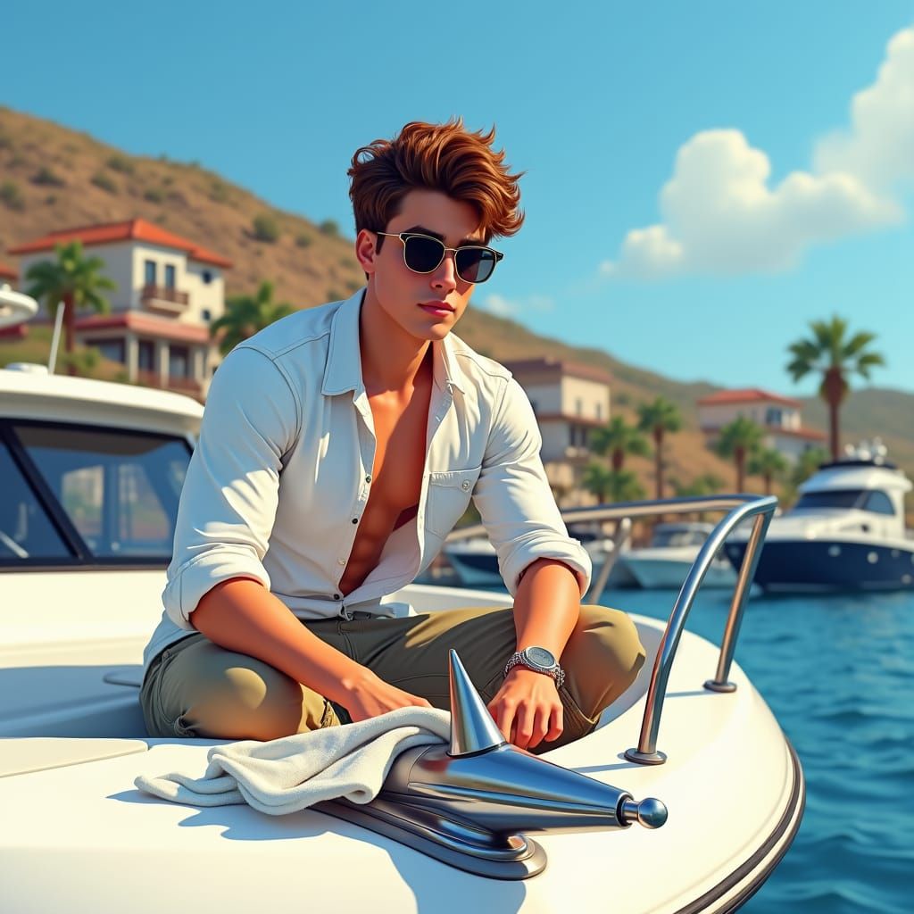Young Man Polishing Boat Anchor in Southern California