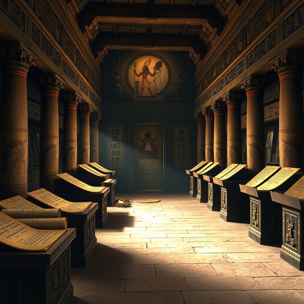 Old Egyptian library with papyrus.