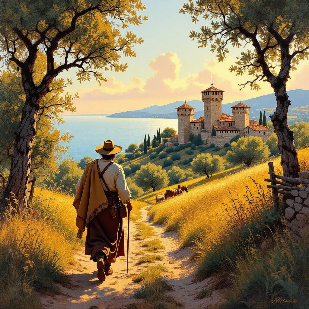 Shepherd's Descent: A Romantic Pastoral Oil Painting