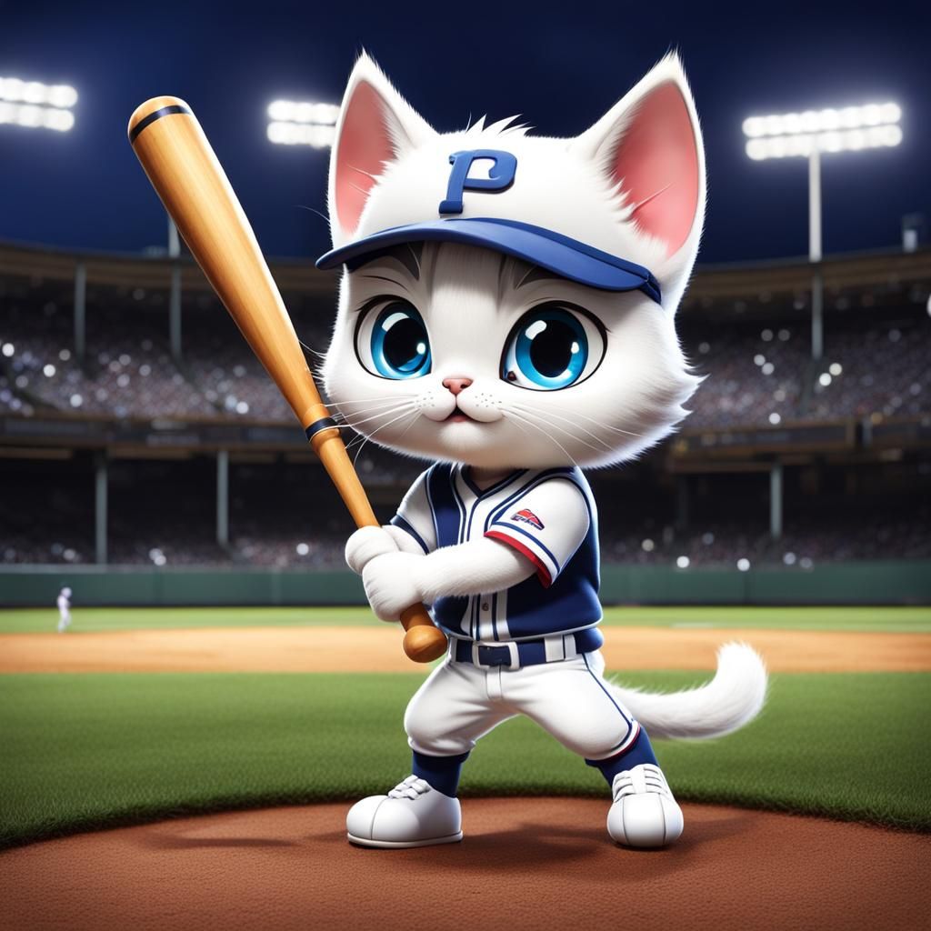 Cute Kitten Hitting Baseball, Pixar-Style Chibi