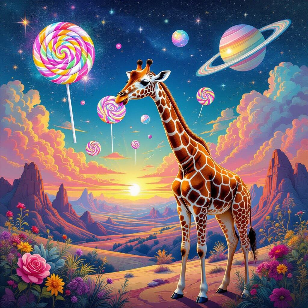 Giraffe's Cosmic Lollipop Feast: A Surreal Holographic Dream...