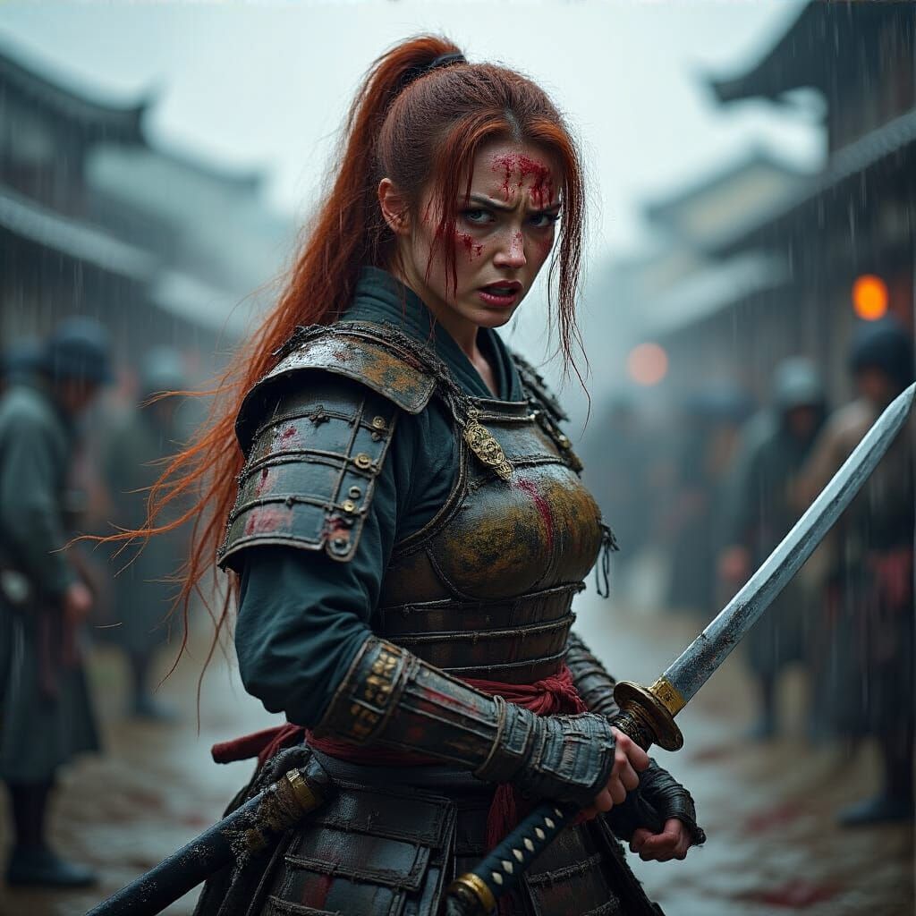 Furious Redhead Samurai Warrior in Chaotic Battlefield