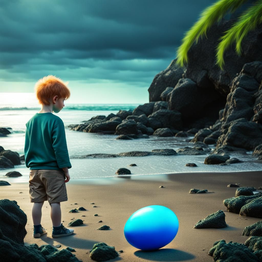 Boy with Glowing Egg on Rocky Beach