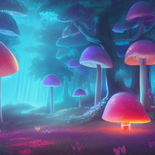 Bioluminescent Mushroom Forest in Anime Style