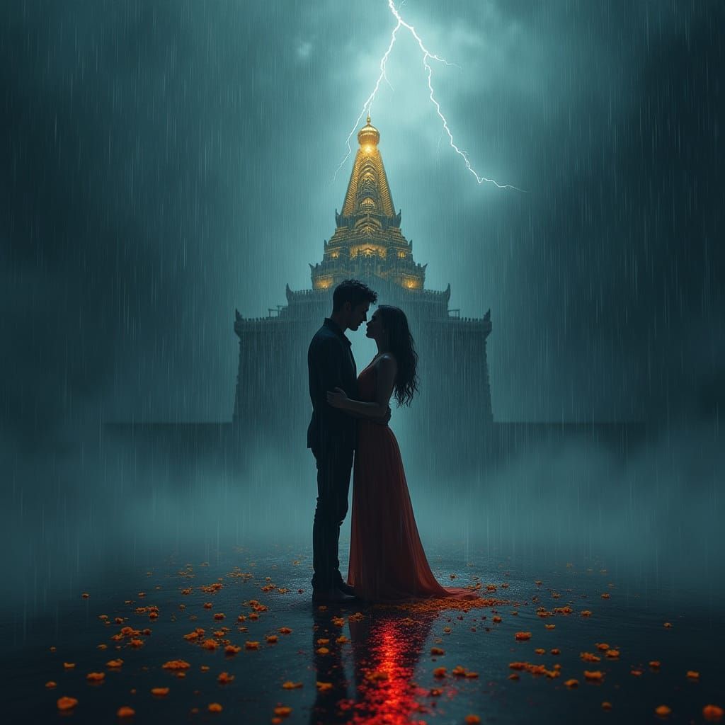 Couple in Tempestuous Rainstorm, Ancient Temple and Marigold...