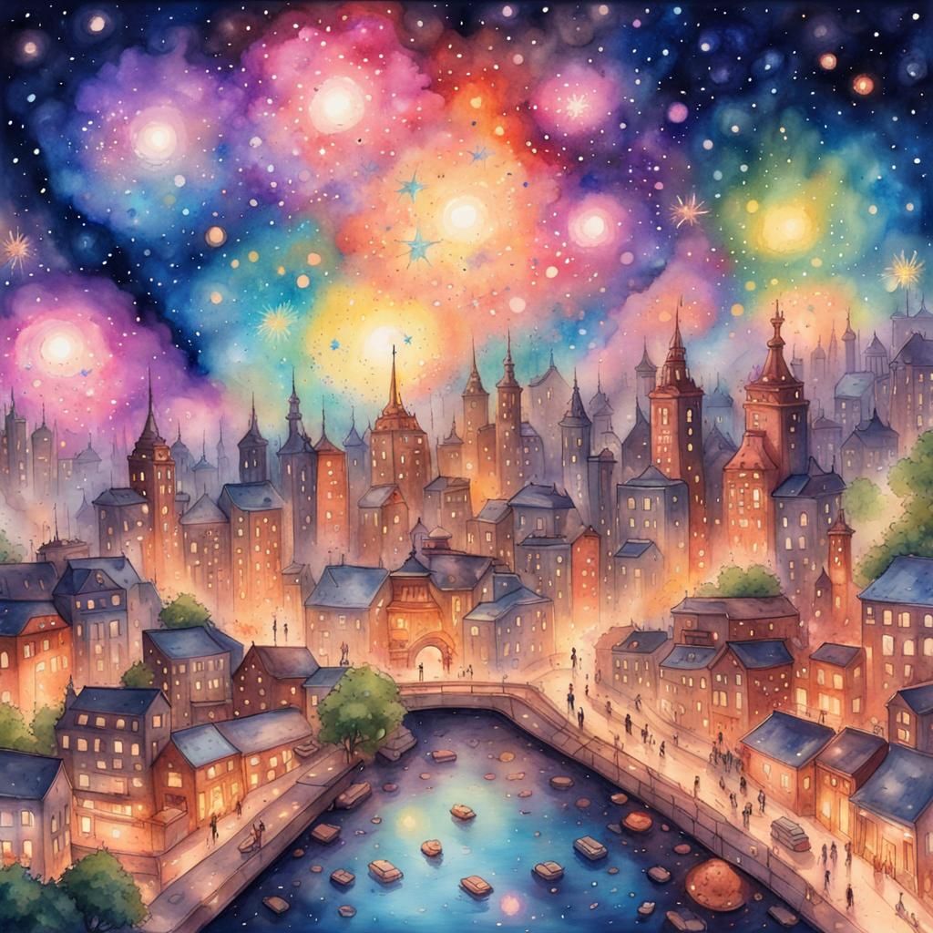 Sparkling Metropolis in Galactic Nebula: Watercolor Painting
