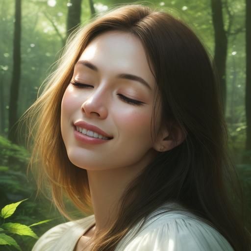 Ecstatic Woman in Forest: Photorealistic Portrait