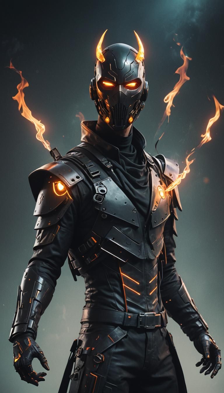 Cyberpunk Masked Figure in Fiery Aura