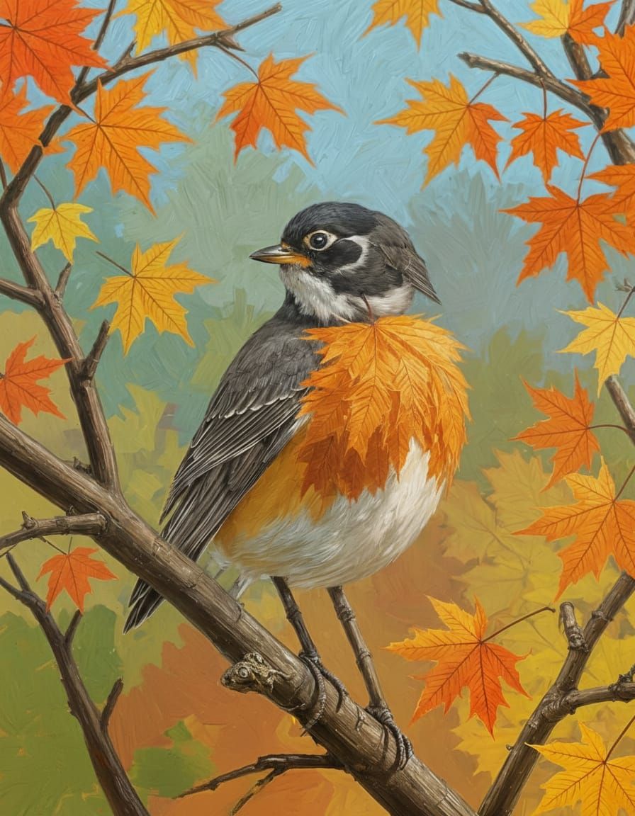 American Robin in Fall Tree Oil Painting
