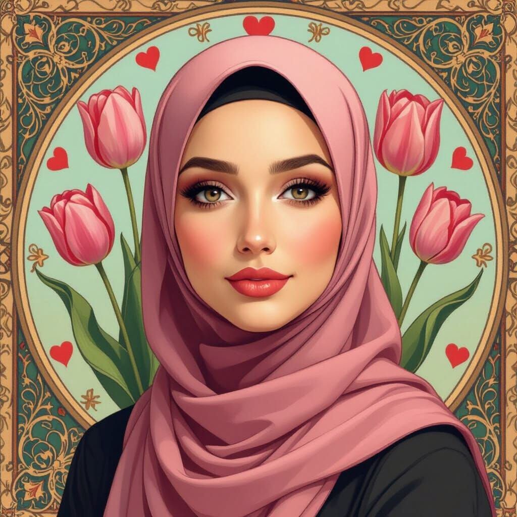 Elegant Portrait of Woman in Hijab, Art Nouveau Style
