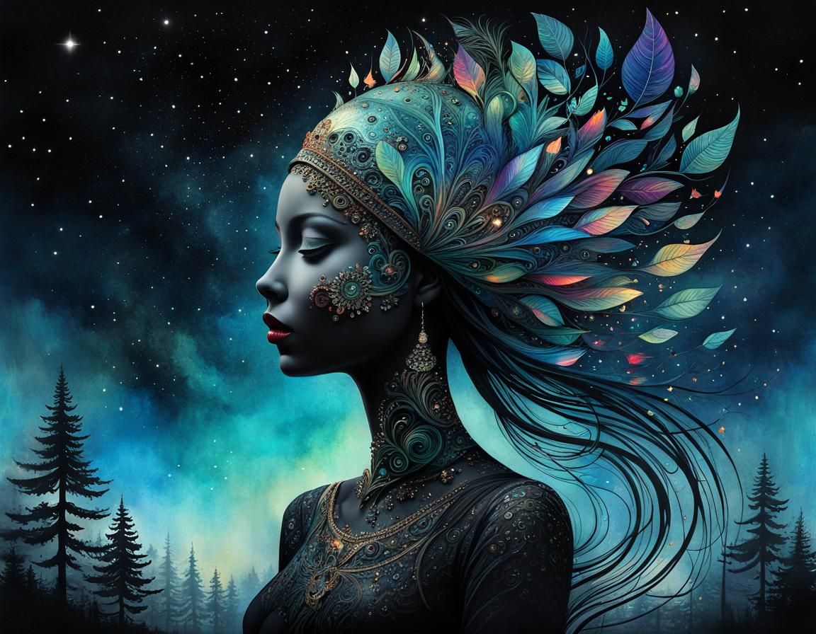 Ethereal Dark Starlight Woman: Surreal Watercolor Art