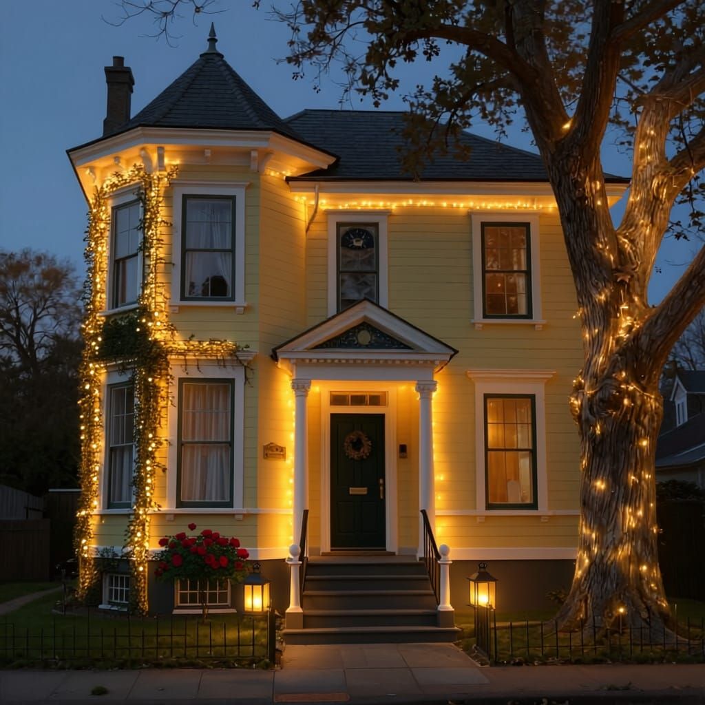 Cozy Victorian House with Tower and Wreath
