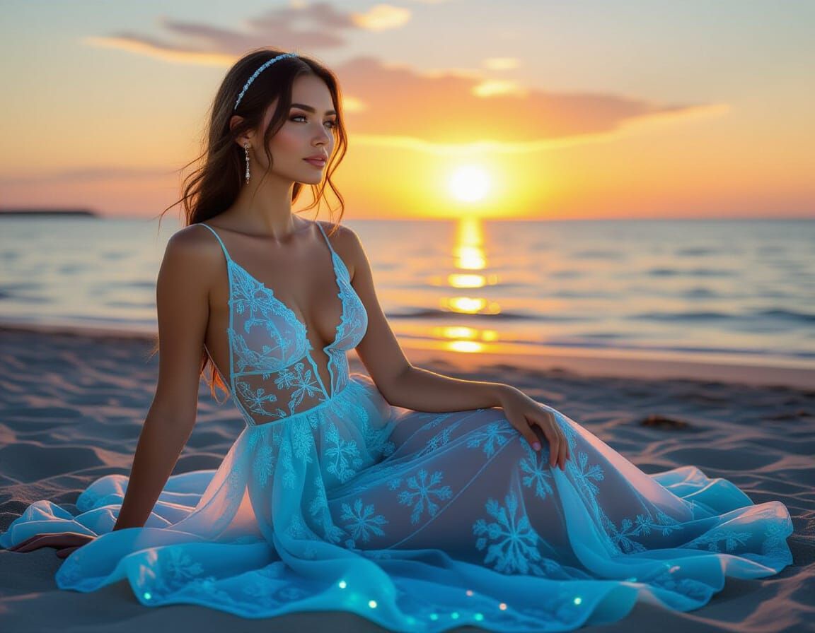 Woman in Luminous Dress at Sunset Beach