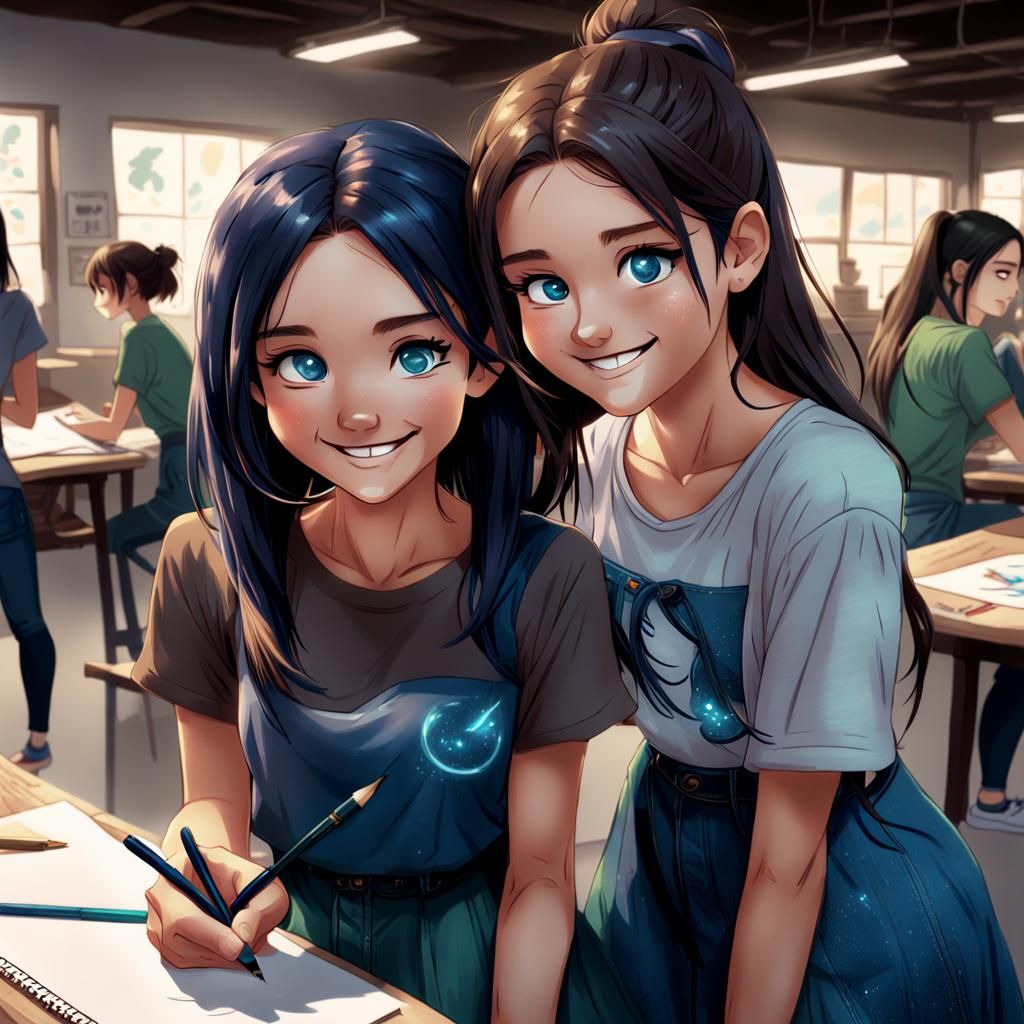 Teenage Girl Drawing Friend: Hyperdetailed Artgerm Portrait