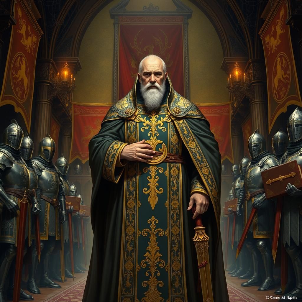 Regal Guild Master in Medieval Hall: Dark Fantasy Art