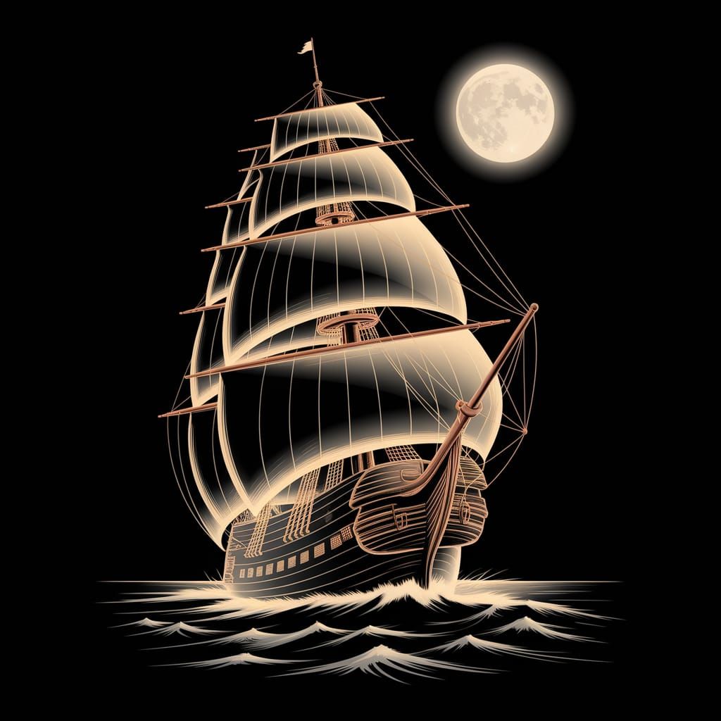Moonlit Ship in Storm: A Glow-Style Illustration