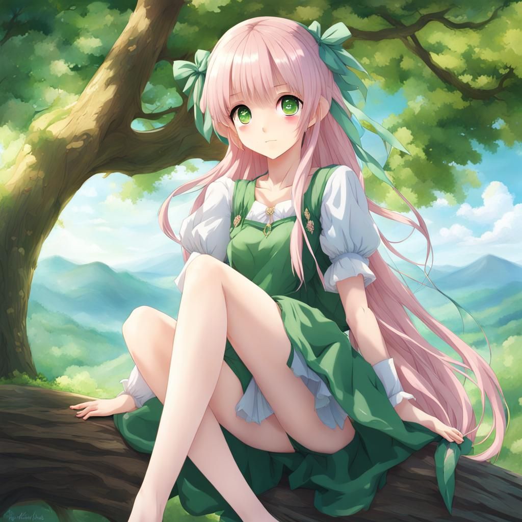 Anime Girl with Flowing Green Hair