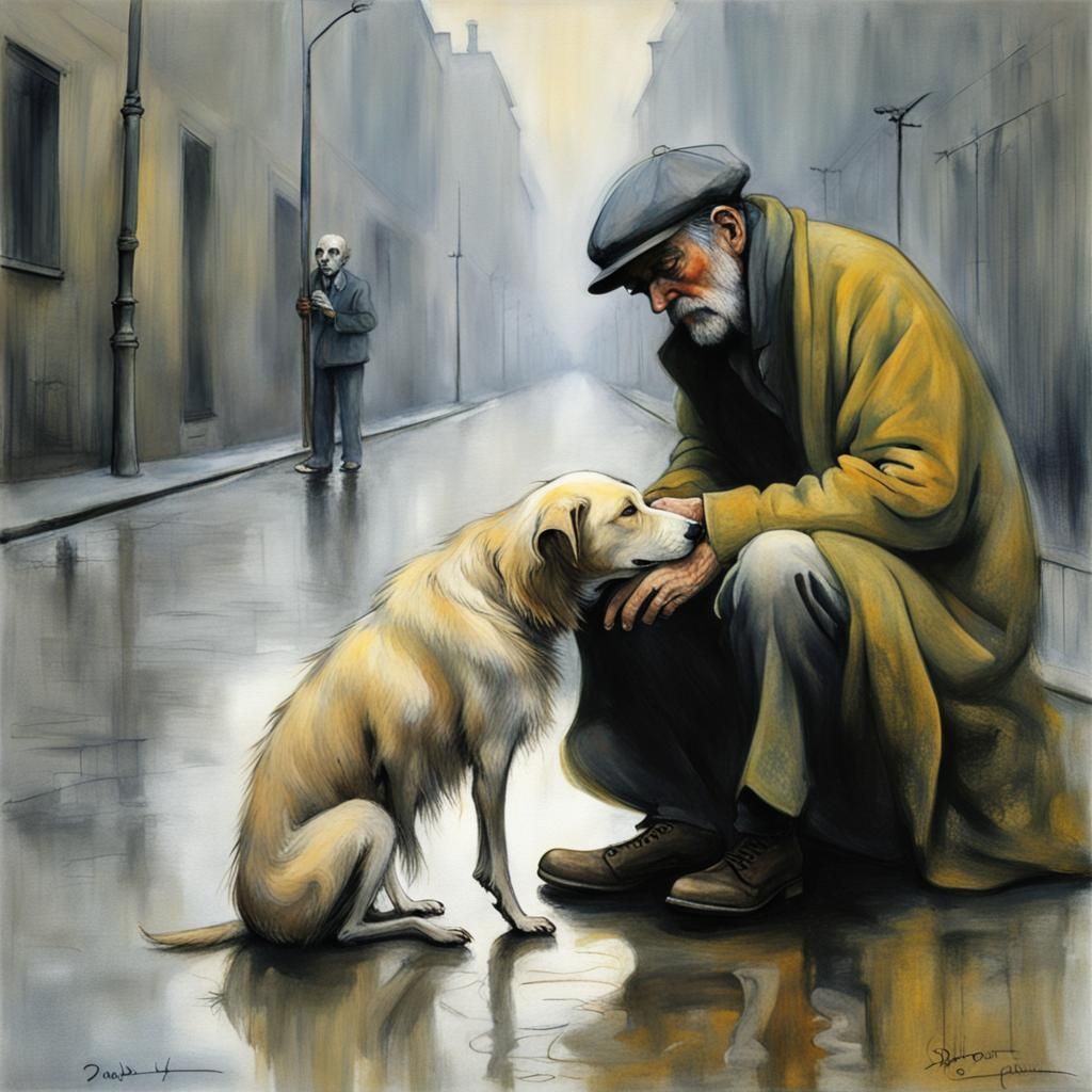 Beggar and Dog in Rainy Klimt Moonscape