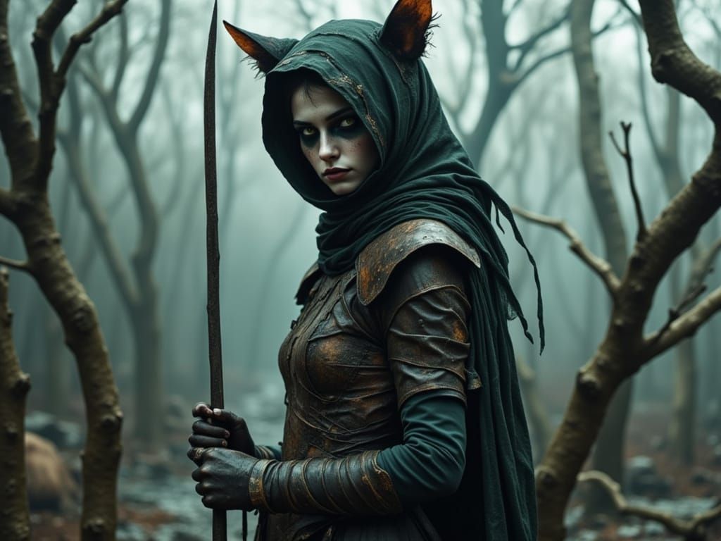 Mystical Feline Warrior in Haunting, Victorian-Era Landscape