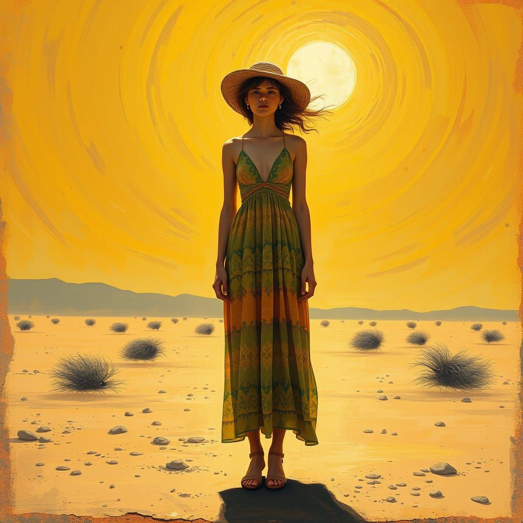 Woman in Sun-Scorched Landscape, Expressive Painting
