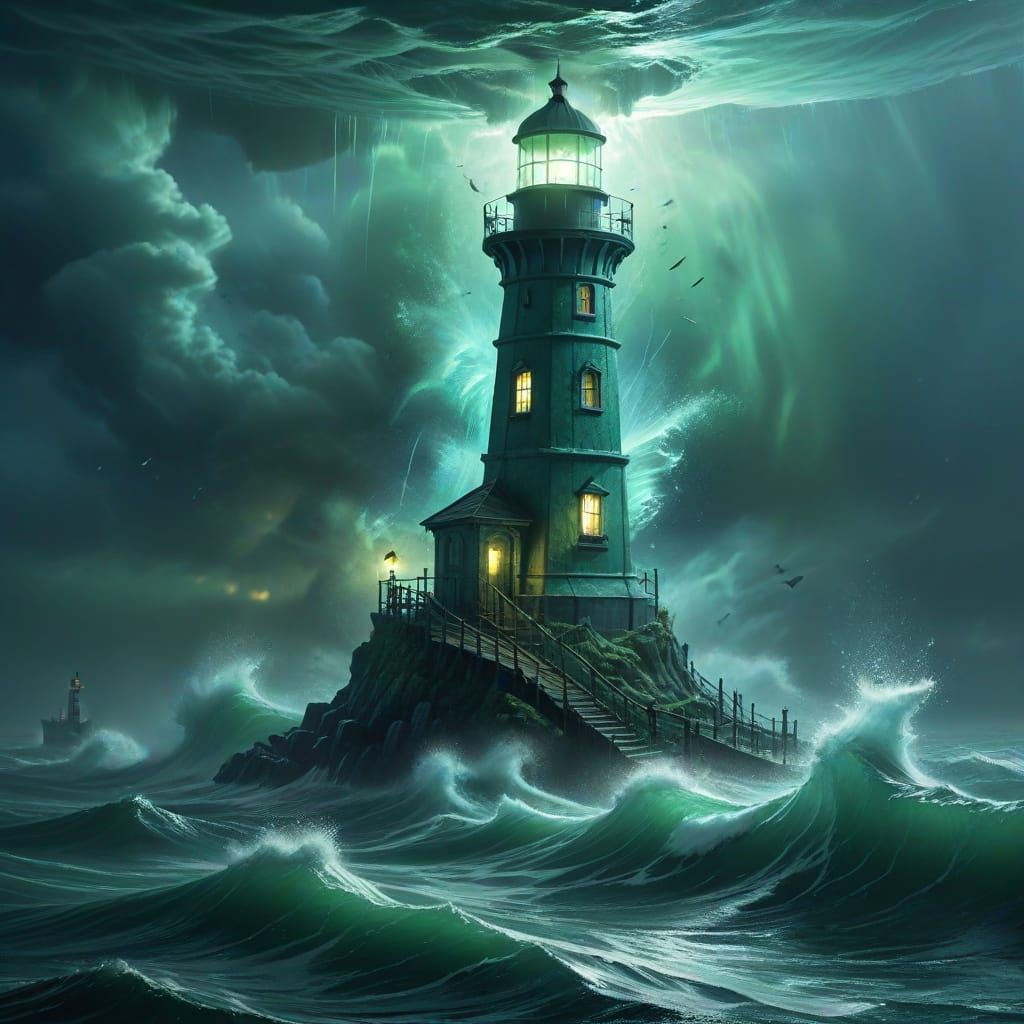 Submerged Lighthouse Warns Ghost Ships: Surreal Oil Painting