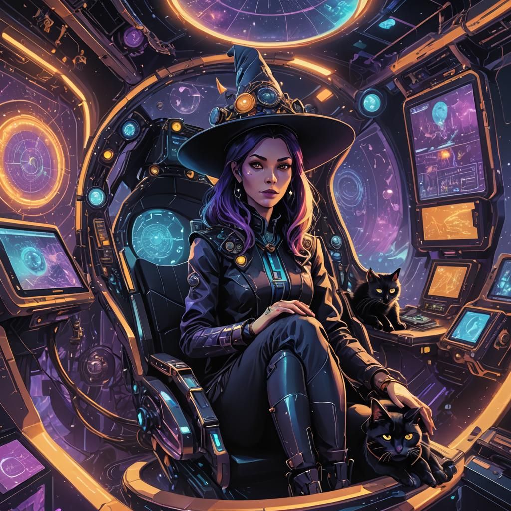 Witch and Cat in Sci-Fi Cockpit, Surreal Concept Art