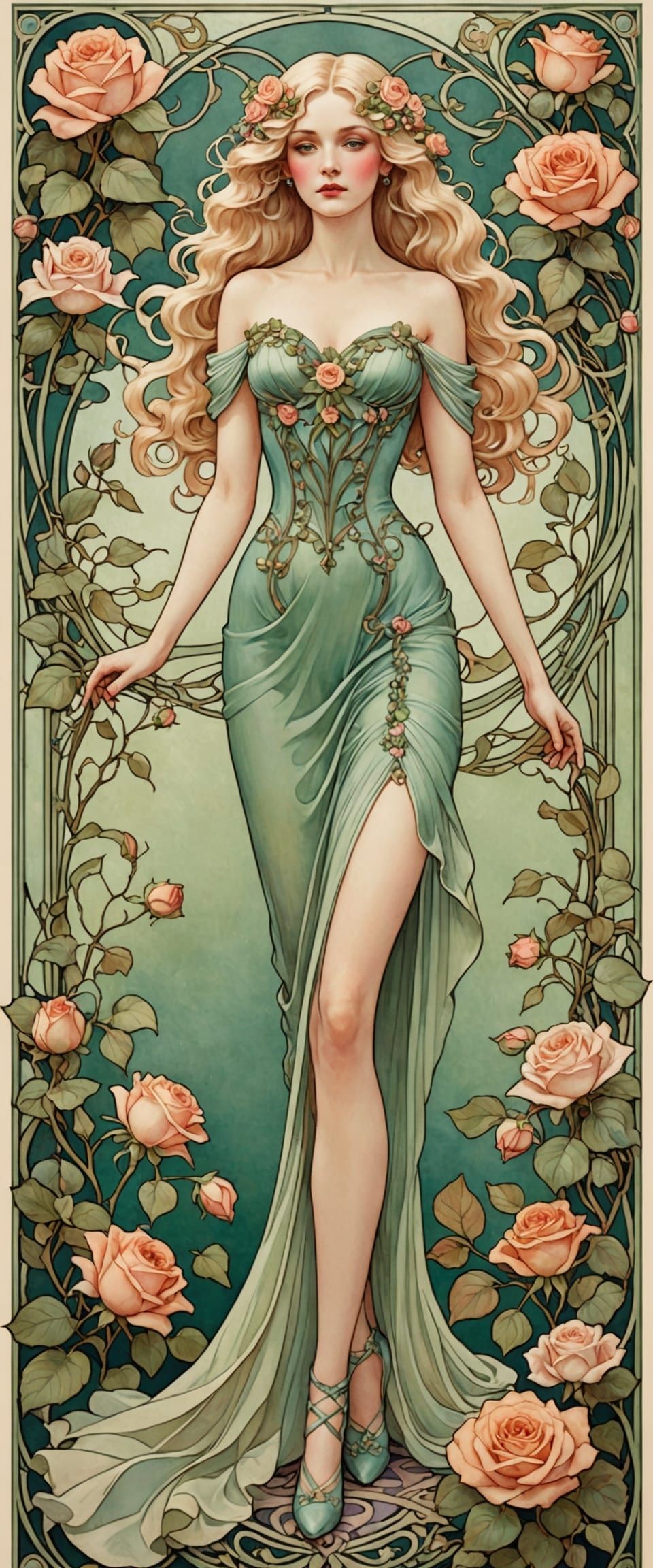 Elegant Woman with Floral Crown in Art Nouveau Style