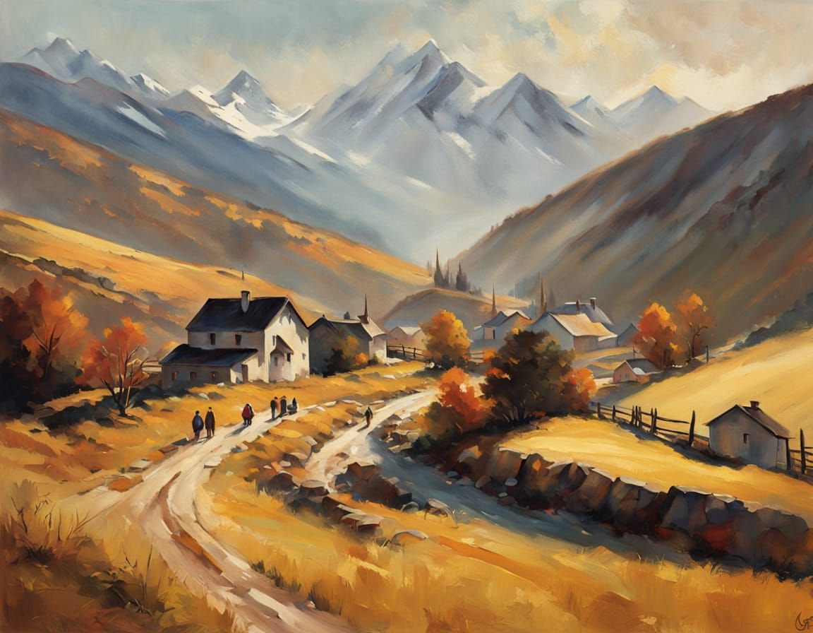 Surreal Alpine Village in Warm Golden Light