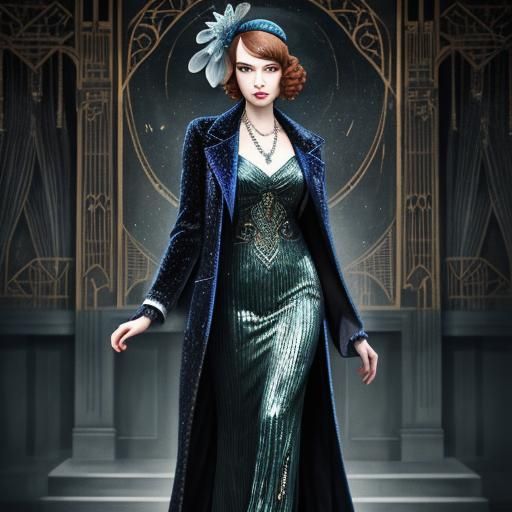 water colour, 1920's full length slapper girl in long coat with sparkling dress wearing a fascinator on art deco backgro...