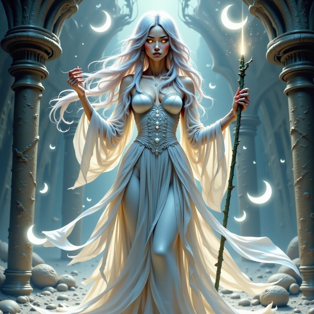Lunar Priestess in Dreamlike Temple: Digital Art