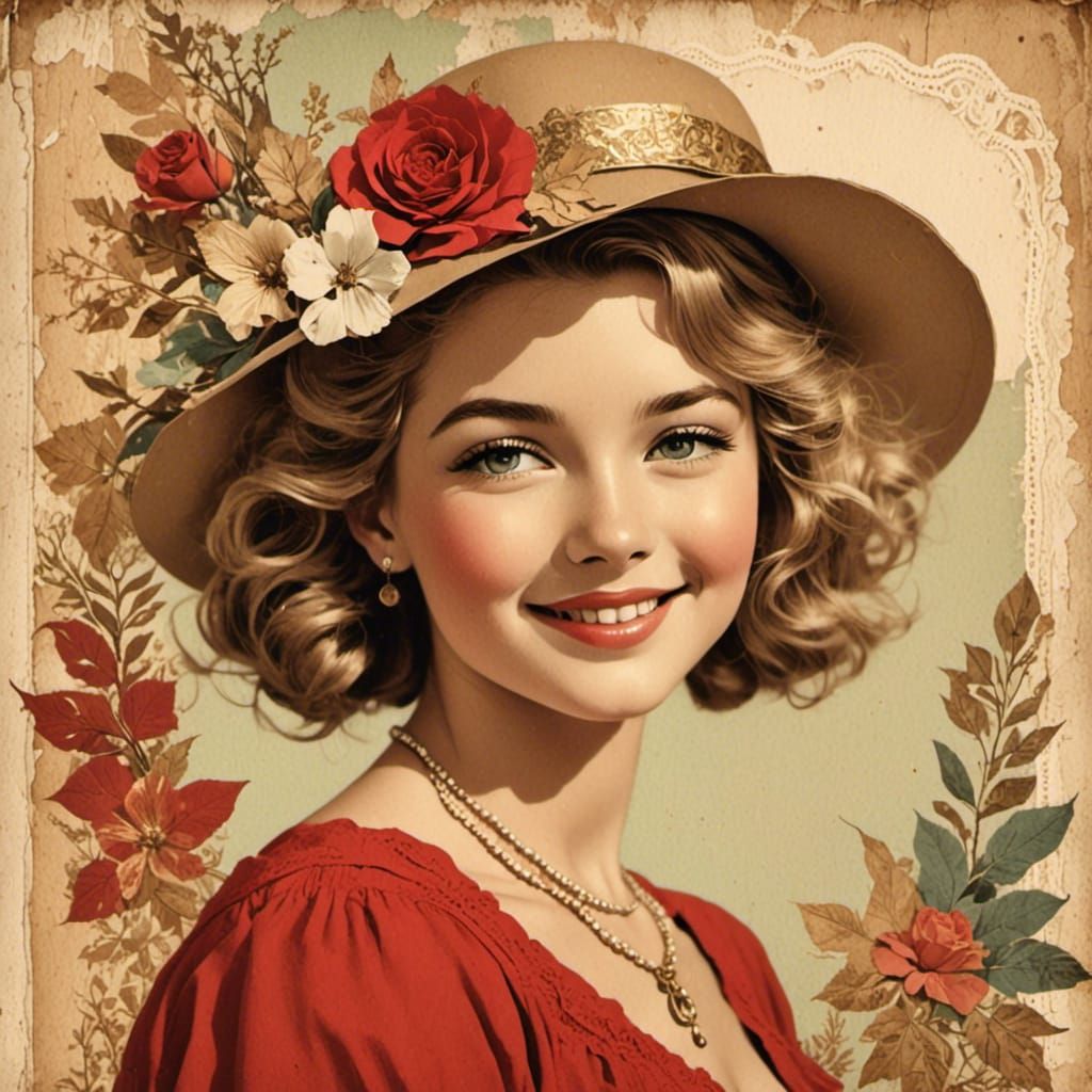 Vintage Scrapbook Collage of a Happy Woman