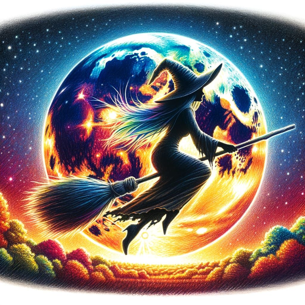 Witch Silhouette Riding Broom in Detailed Pencil Sketch