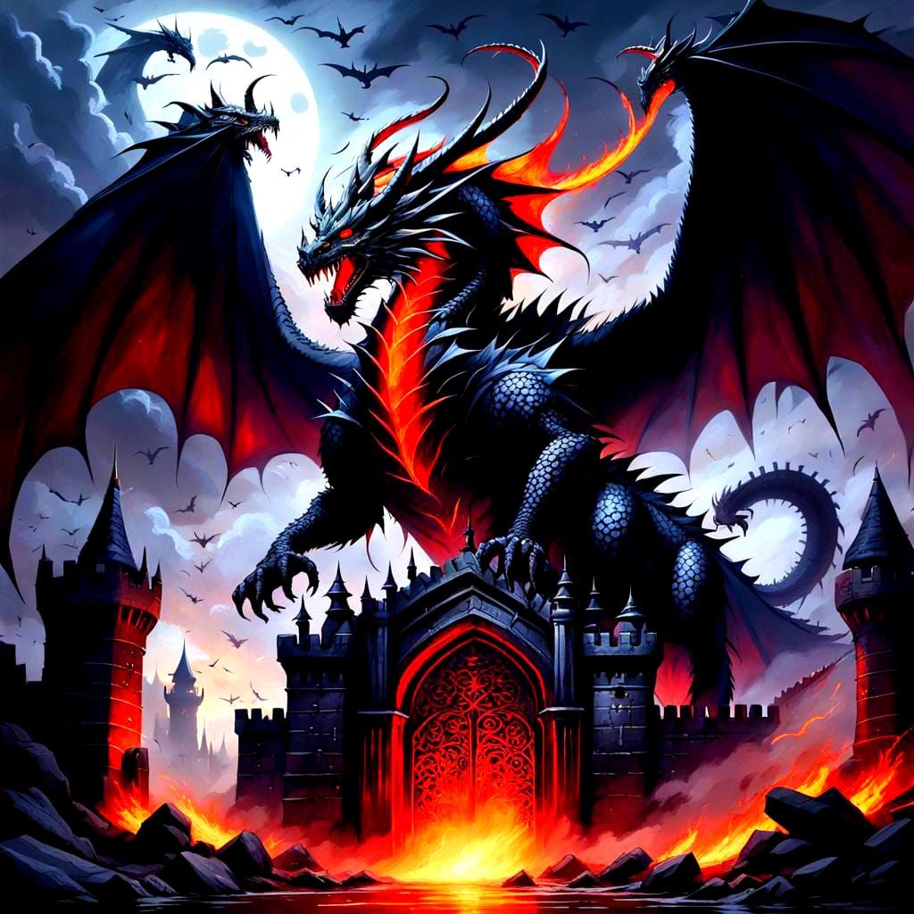 Dragon Guarding Castle Gate with Dark Powers