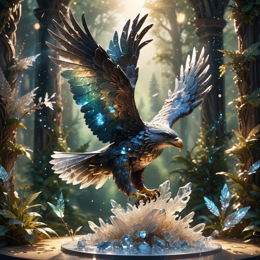 Glass Eagle Soaring Among Crystals: Fantasy Art