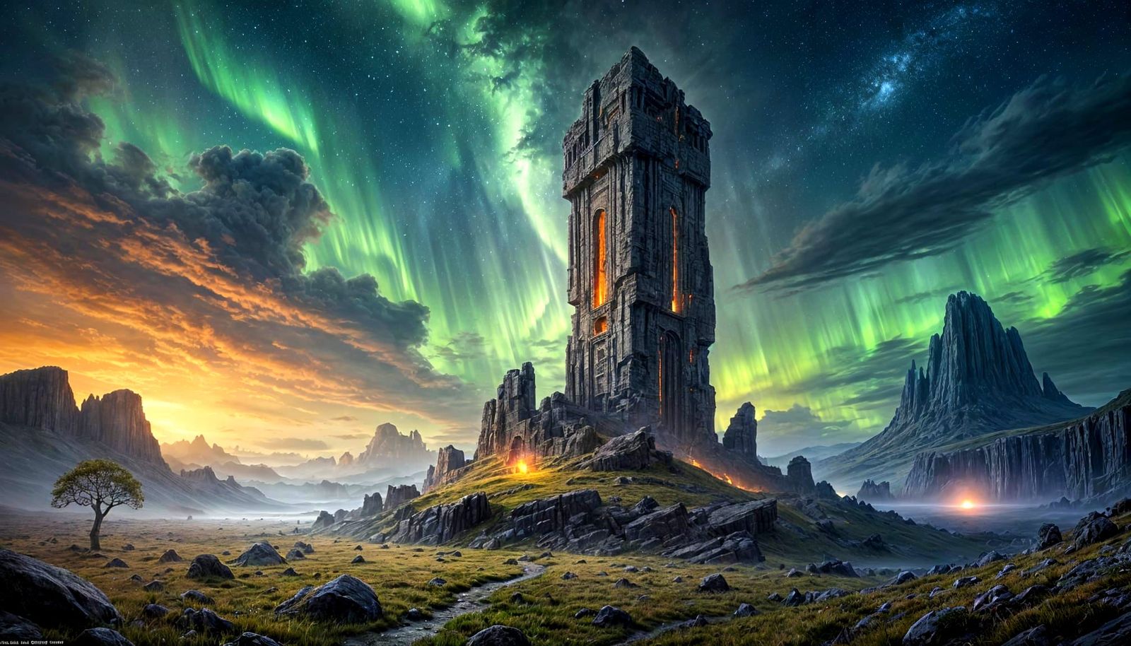 Cosmic Monolith Under Aurora Sky